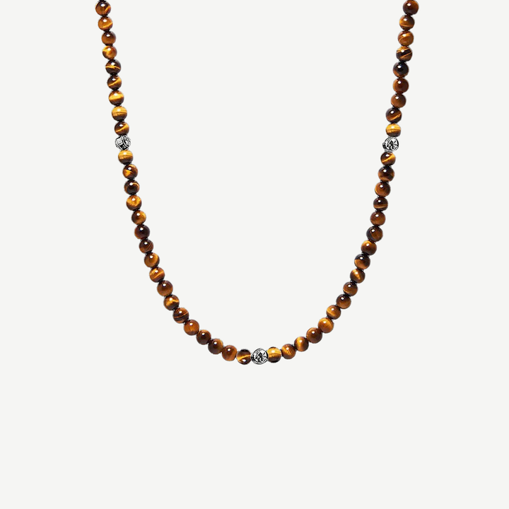 Valor Tiger Eye Beaded Necklace — finished light background #F5F5F3 — source image 1