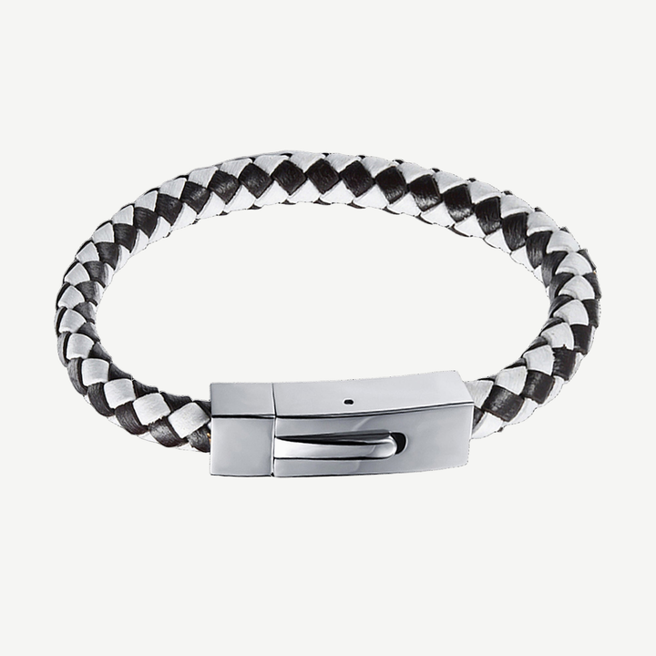 Vector Black and White Braided Leather Bracelet — finished light background #F5F5F3 — source image 1