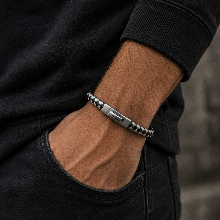 Vector Black and White Braided Leather Bracelet