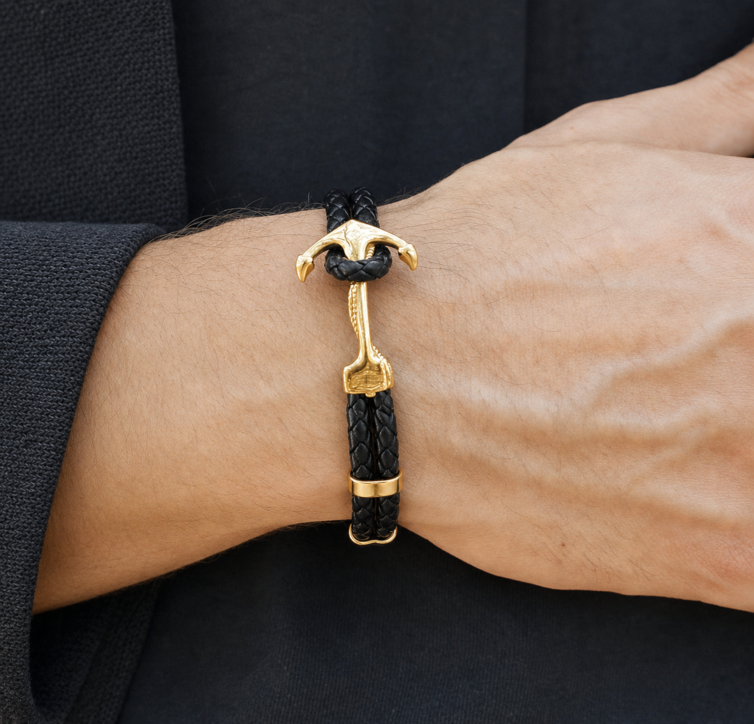 Maritime Gold Anchor Leather Bracelet