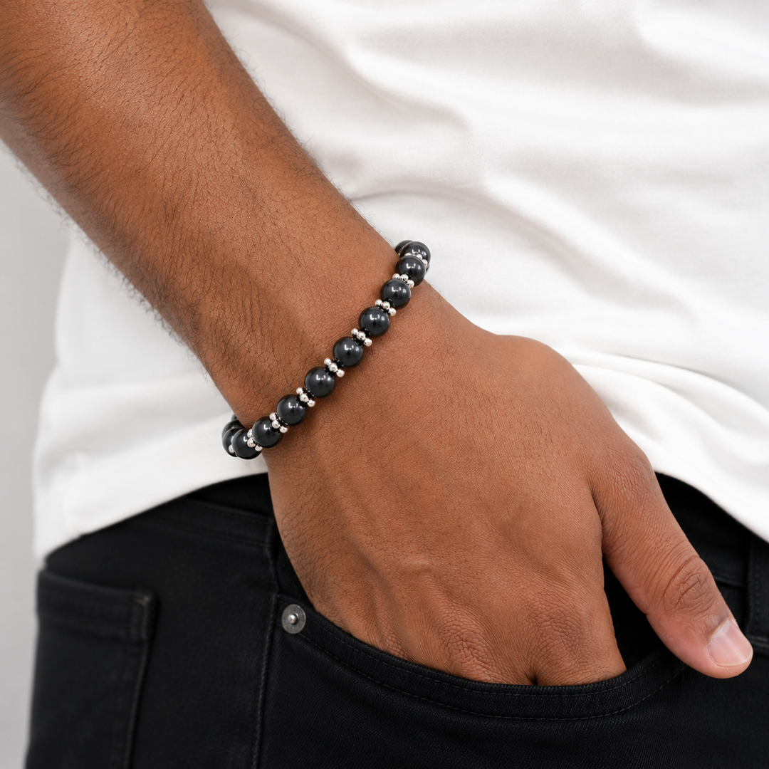 Men’s Black Pearls Bracelet, Silver