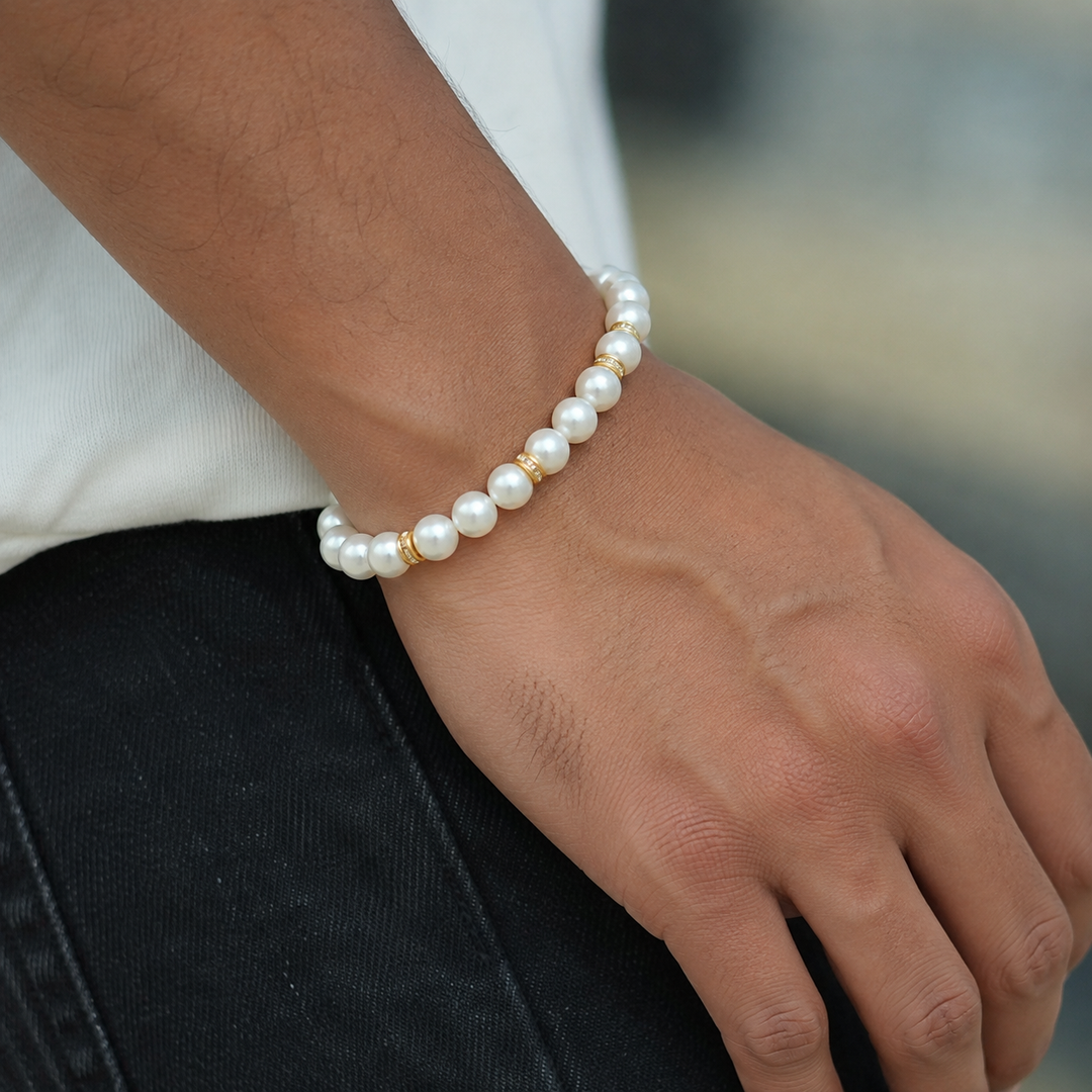 Men’s White Pearls Bracelet, Gold