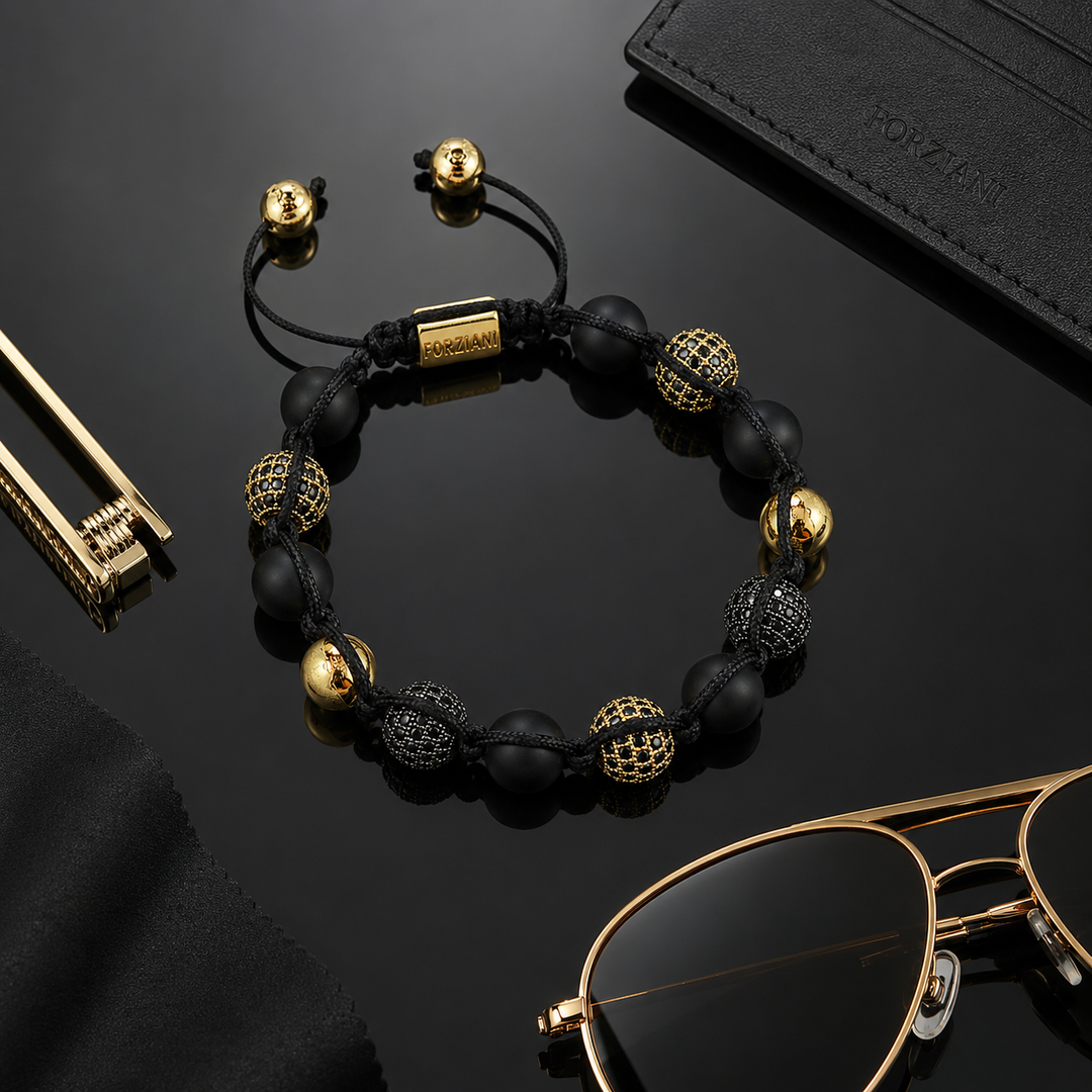 Men’s All Powerful Black Agate and CZ Diamonds Pavé Beads Bracelet, 10mm