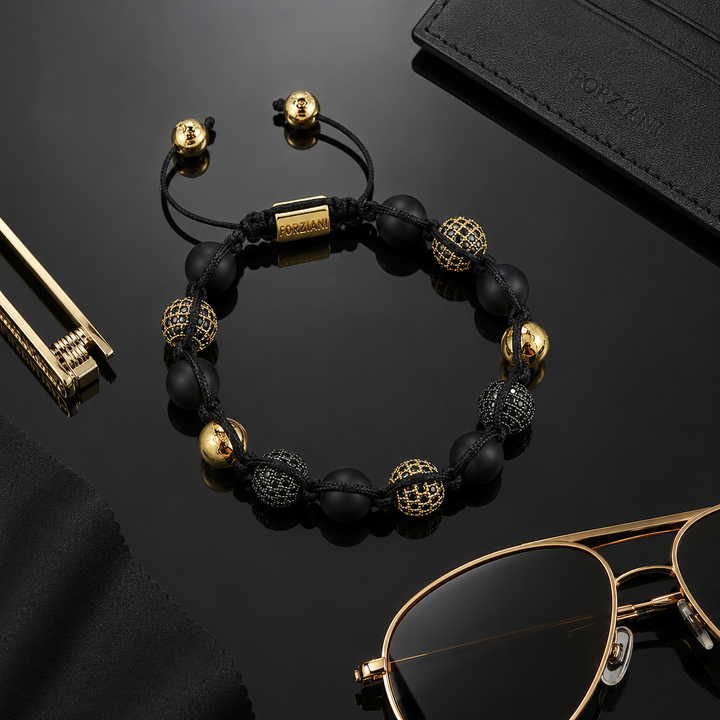 Men’s All Powerful Black Agate and CZ Diamonds Pavé Beads Bracelet, 10mm