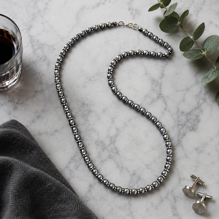 Men’s Black Pearls Necklace, Silver