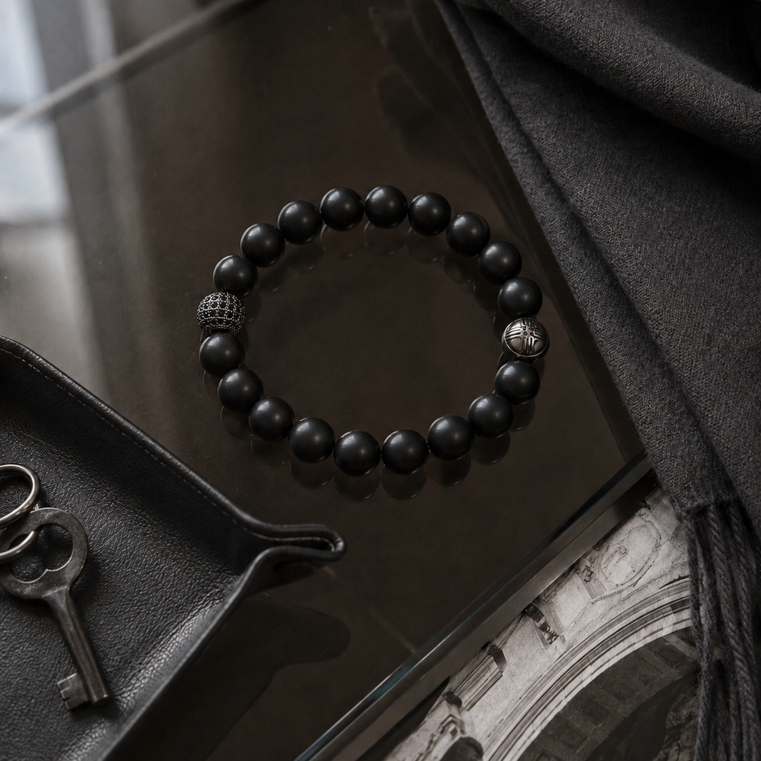 Orion Black Agate and Pavé CZ Diamonds Beaded Bracelet for Men, 10mm