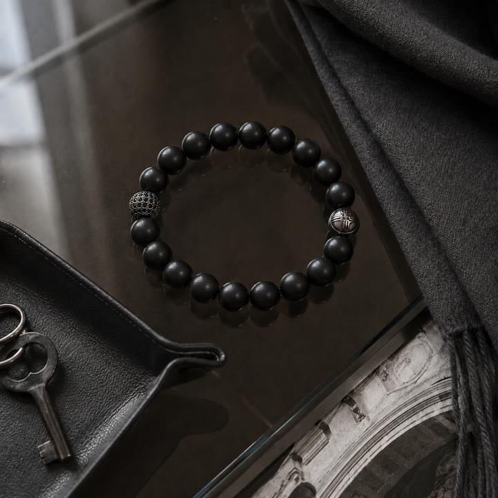 Orion Black Agate and Pavé CZ Diamonds Beaded Bracelet for Men, 10mm