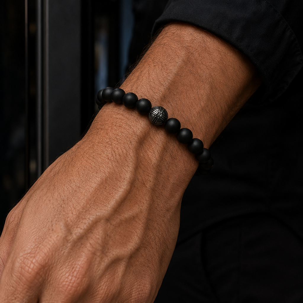 Orion Black Agate and Pavé CZ Diamonds Beaded Bracelet for Men, 10mm