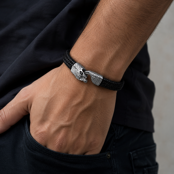Ouroboros 'Eternity Snake' Leather and Steel Bracelet