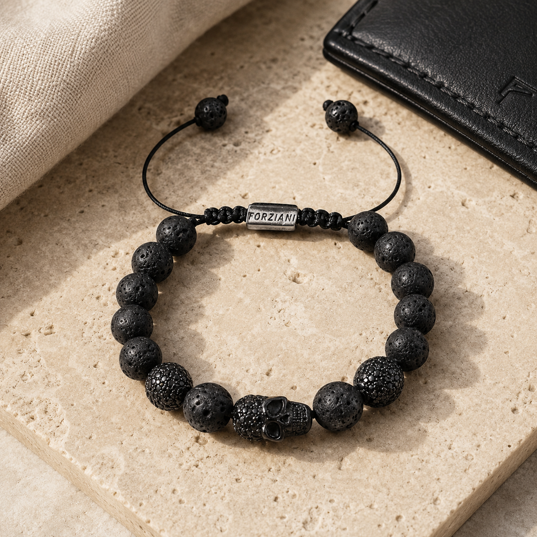 Rebel Skull and Lava Stone Beads Bracelet, 10mm