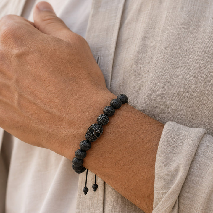 Rebel Skull and Lava Stone Beads Bracelet