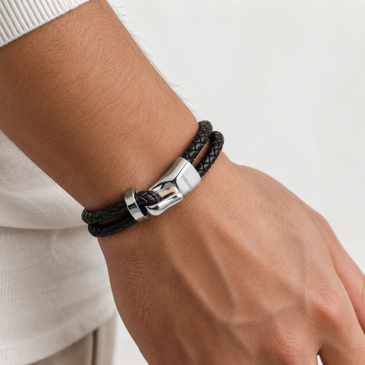 Silver Hook Double Braided Leather Bracelet