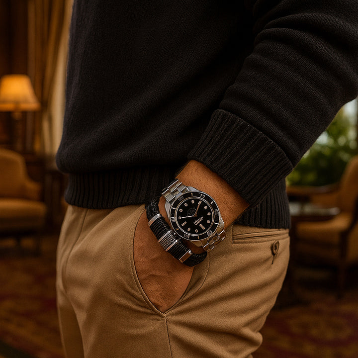 Black Nappa Double Woven Leather Men's Bracelet