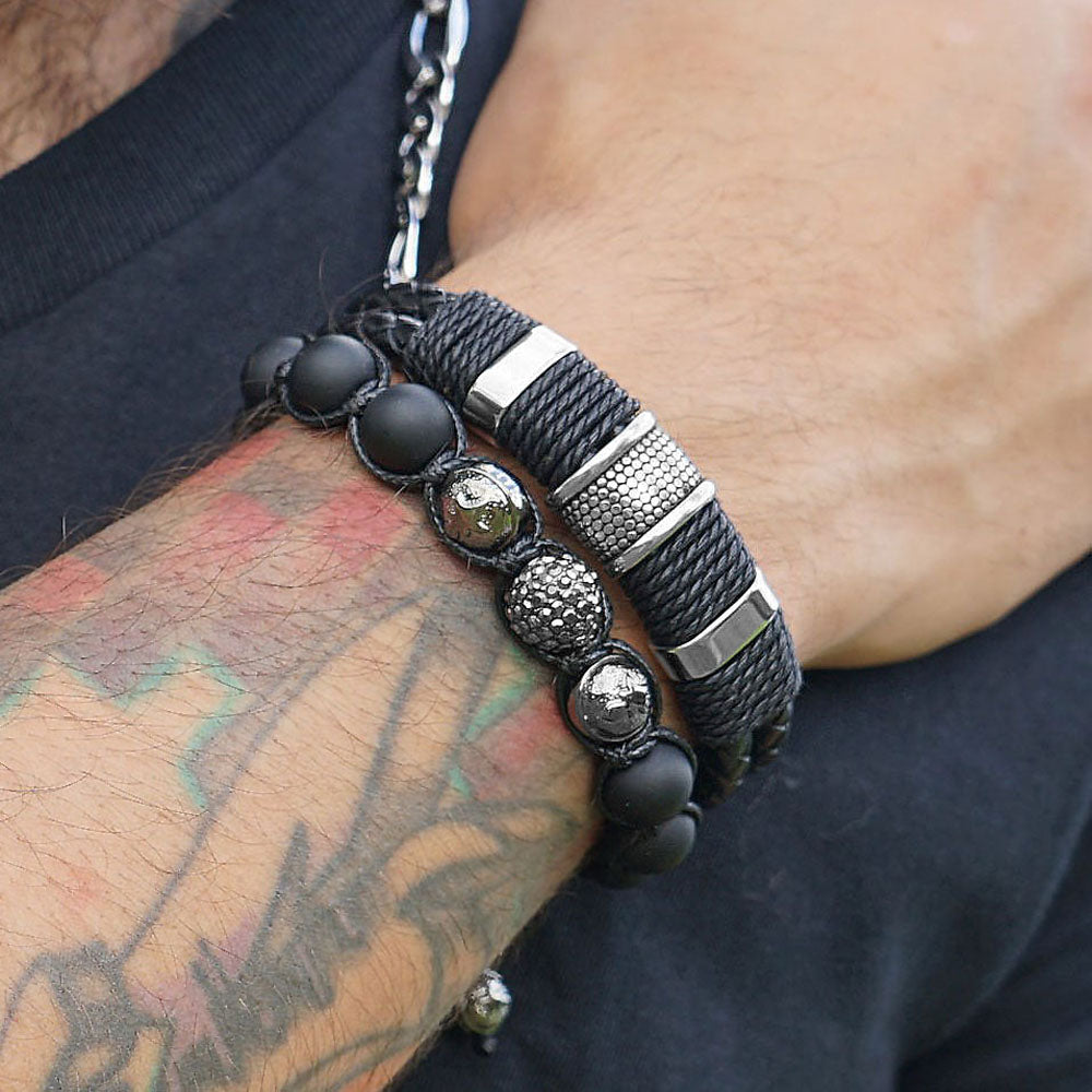 NS44 Quality Surfer Double Wrap Genuine Leather Bracelet | Men's Black Wristband