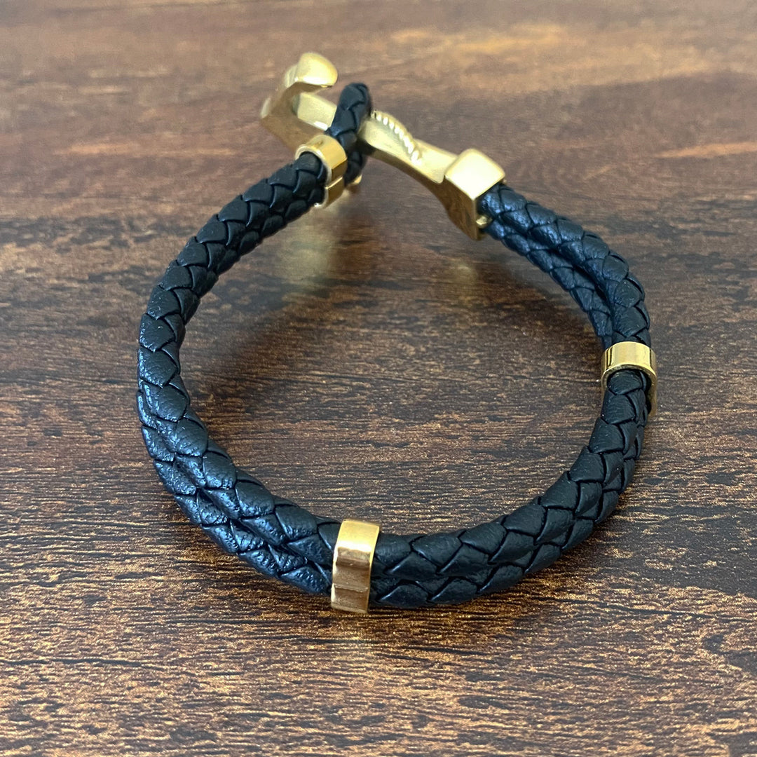 Maritime Gold Anchor Leather Bracelet
