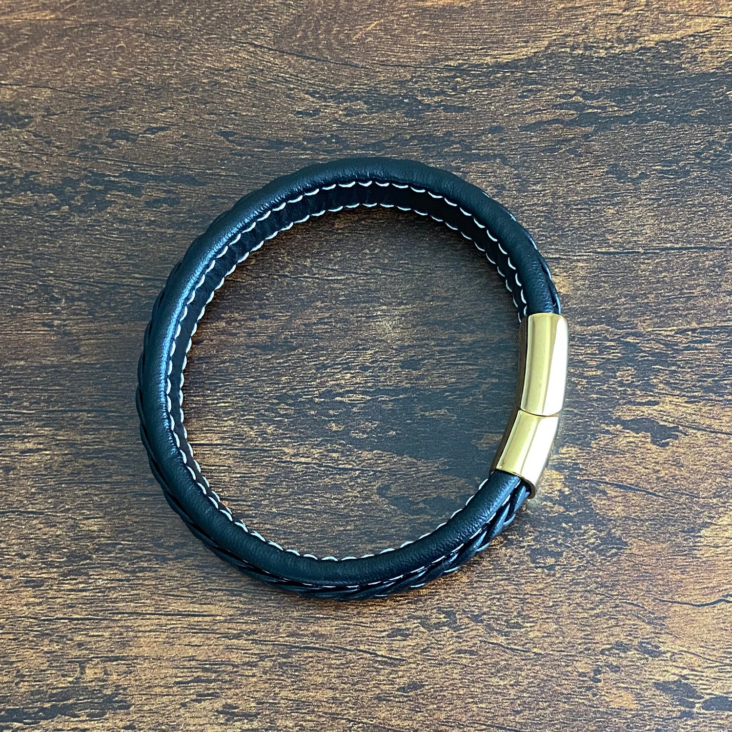 Steel by Design Men's Black Leather & 18k Gold Plated Bracelet - QVC.com