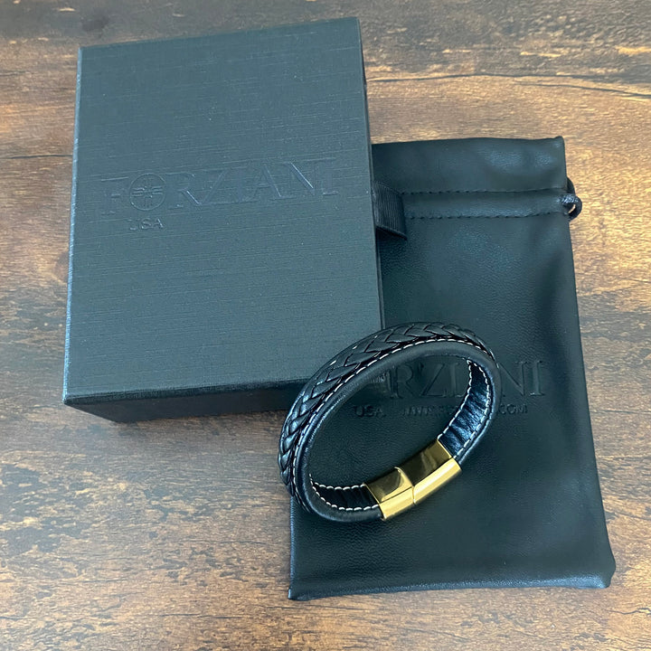 Panache Black Leather and Gold Men's Bracelet
