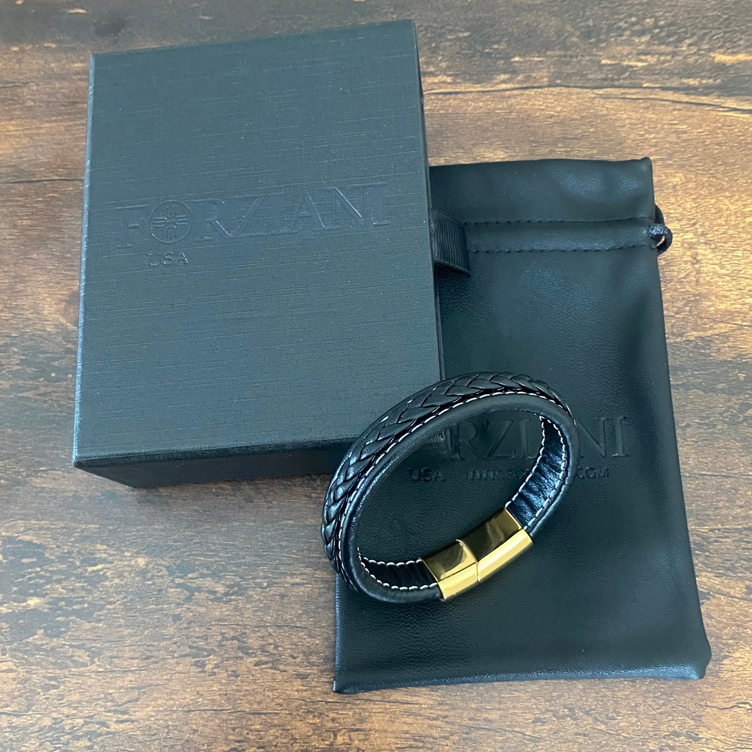 Men's Stainless Steel & Black Leather Braided Magnetic Bracelet – Gold Plated Accents