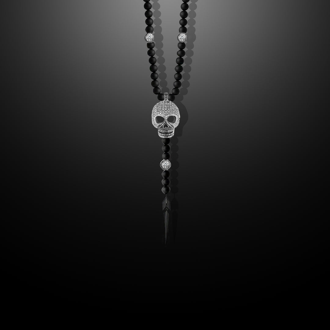 Black Agate and Pavé CZ Diamonds Skull Necklace