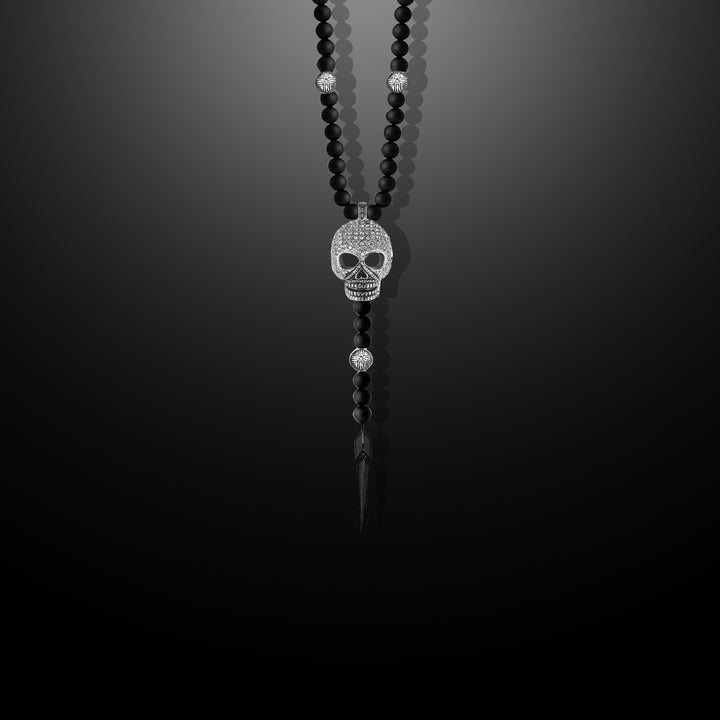 Black Agate and Pavé CZ Diamonds Skull Necklace